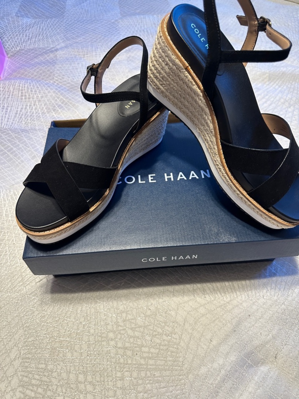 Cole Haan Black Suede Wedge Sandals with Ankle Strap - Picture 3 of 8